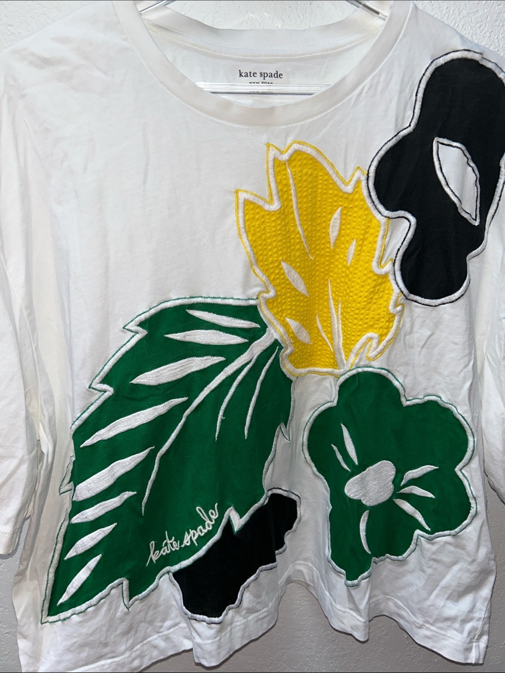 EUC Kate Spade Crop Green Yellow Leaf Jungle Short Sleeve Tee XXL Reg $148